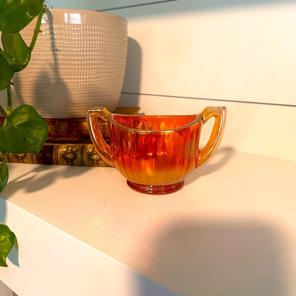 Imperial Glass Sugar Bowl Lustre Marigold Carnival Iridescent Ribbed w/ Handles